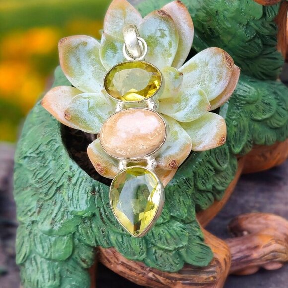 Yellow Topaz ✦ Peach Calcite ✦ Peridot Pendant ✦ Sterling Silver Made In Italy - Picture 3 of 11